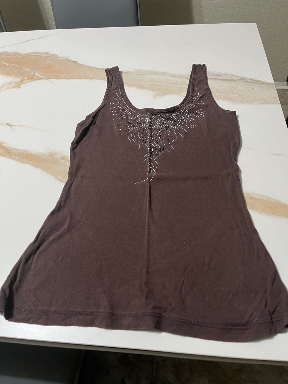 Sleeveless Brown Tank Top with Decorative Rhinestone Neckline